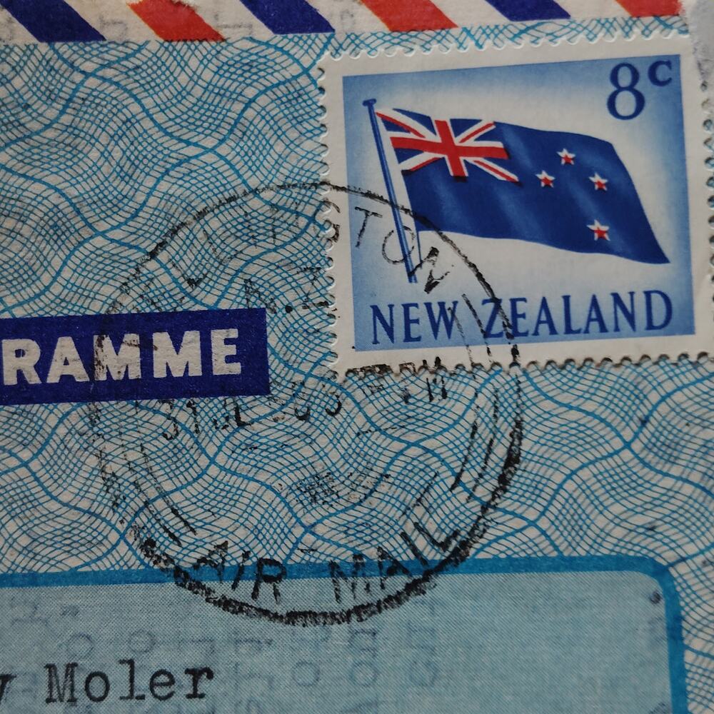 Vintage New Zealand Aerogramme to USA 8c Flag Stamp Air Mail Letter